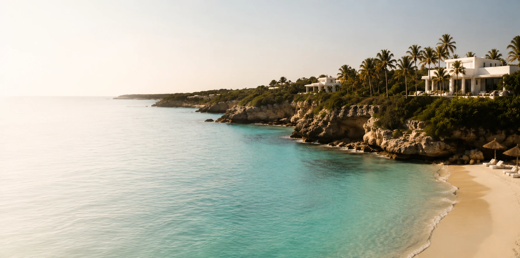 Turquoise Caribbean cove with private villas along the palm-lined coast