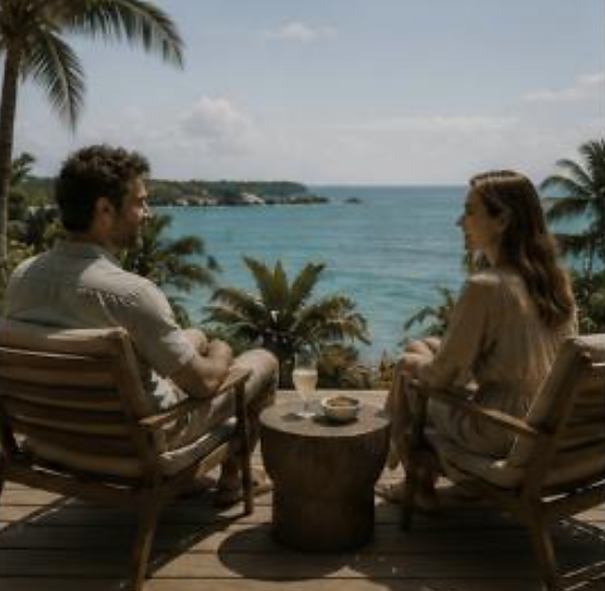 Guests relaxing on a villa terrace overlooking Grace Bay